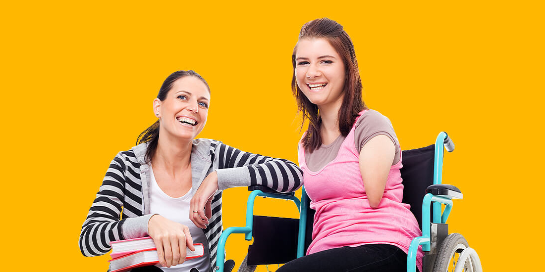 Carer and woman with a disability in wheelchair on a bright yellow background